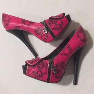 💀 Iron Fist Pink Sequin Skull Stilleto Heels 💀